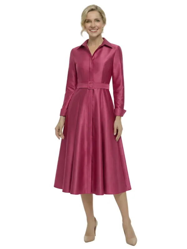 Chic Shirt Style Long Sleeves Mother Of The Bride Dress Midi A-Line Satin Gown With Belt sold by ChicSew