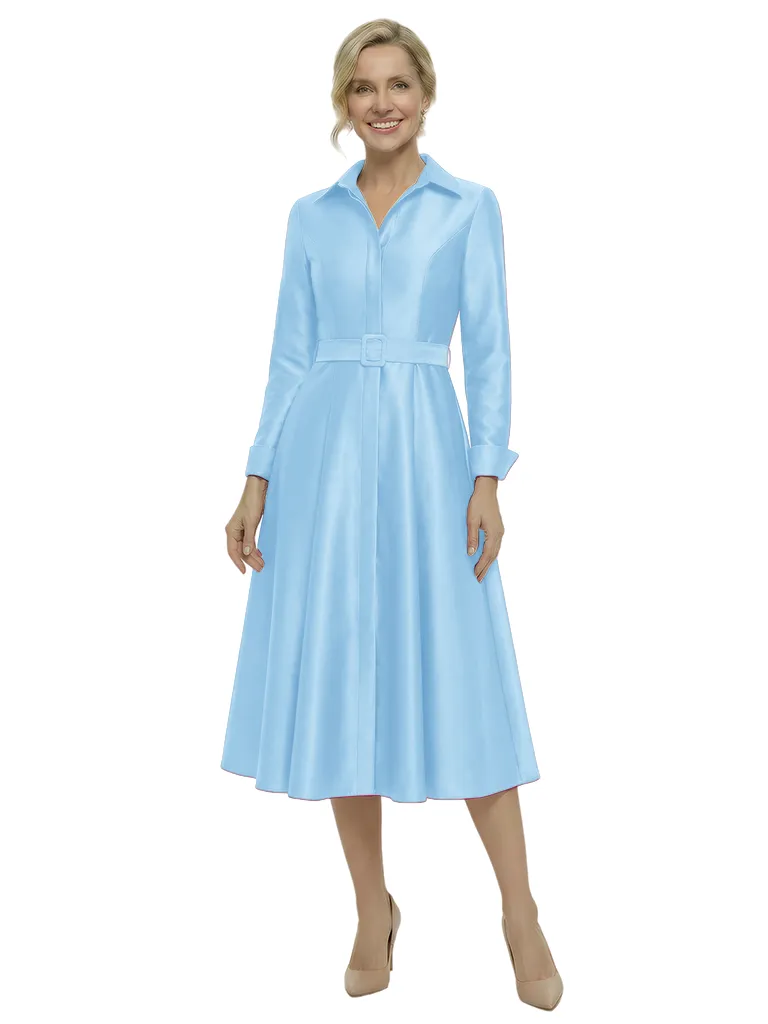 Chic Shirt Style Long Sleeves Mother Of The Bride Dress Midi A-Line Satin Gown With Belt sold by ChicSew product image thumbnail 5