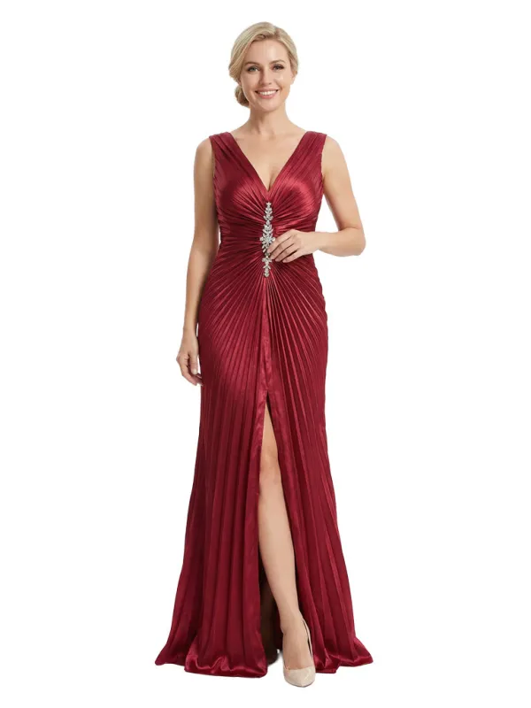 Chic Mother of The Groom Satin Gown Sleeveless Deep V-Neck Floor-Length With Crystal Accent Formal Wedding Attire for Moms sold by ChicSew