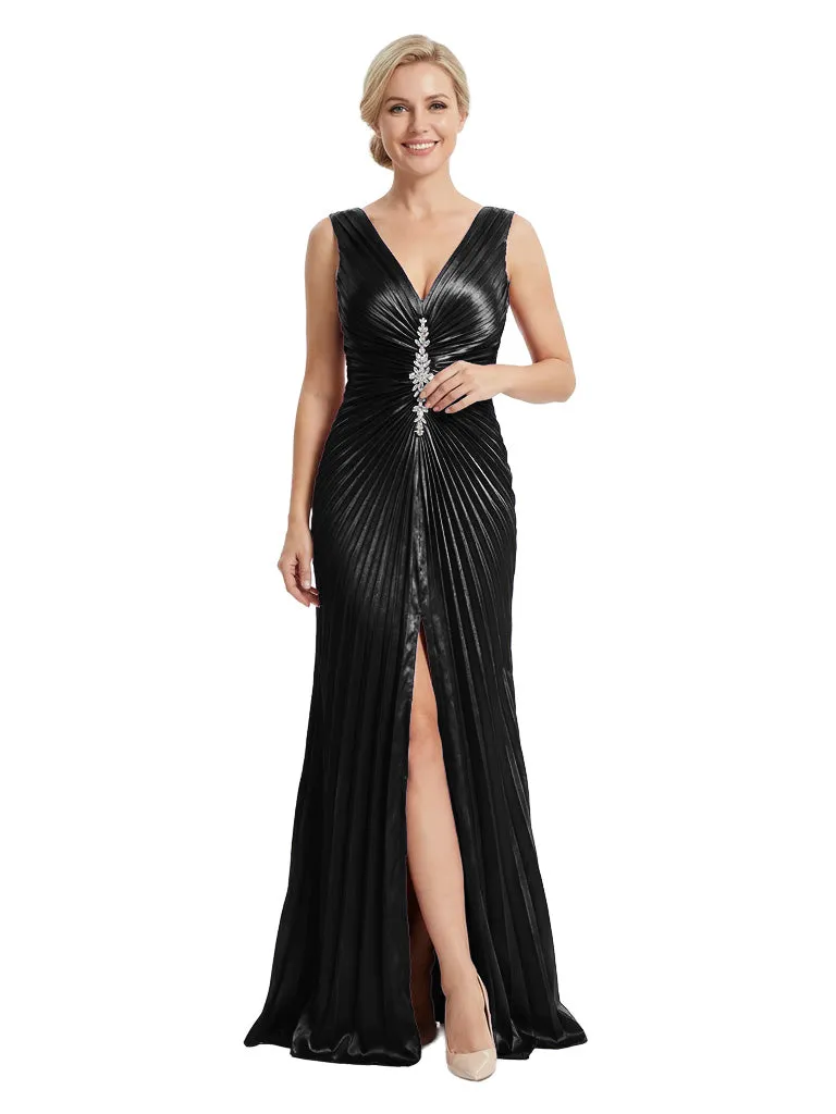 Chic Mother of The Groom Satin Gown Sleeveless Deep V-Neck Floor-Length With Crystal Accent Formal Wedding Attire for Moms sold by ChicSew product image thumbnail 4