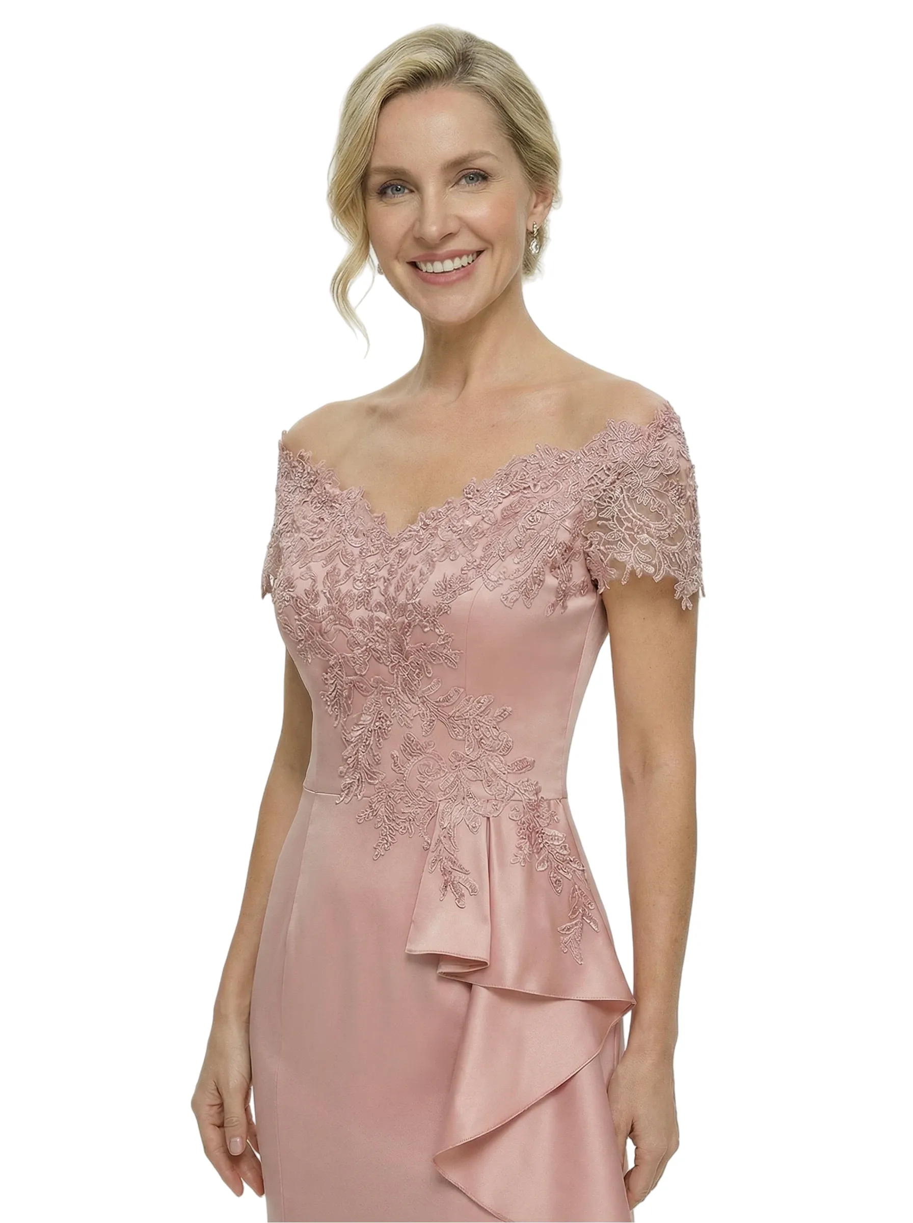 Glam Off Shoulder Short Sleeve Mother of The Groom Dress Fancy Mermaid Satin Maxi Gown with Lace Embellishments sold by ChicSew product image thumbnail 2