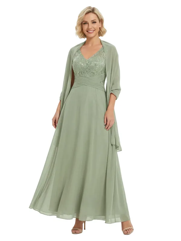 Classy Mother of The Groom Dress V-Neck Lace Applique Chiffon Long Flowy Evening Gown sold by ChicSew