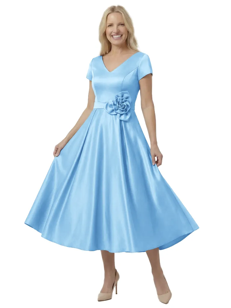 Lovely V-Neck Short Sleeve Mother of The Groom Dress Pretty Tea-Length Satin Gown with Statement Flower Accent sold by ChicSew product image thumbnail 5