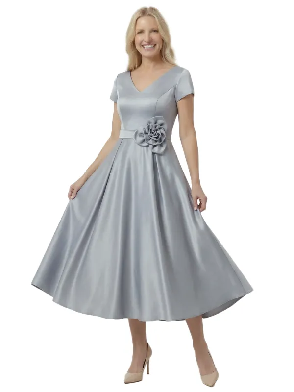 Lovely V-Neck Short Sleeve Mother of The Groom Dress Pretty Tea-Length Satin Gown with Statement Flower Accent sold by ChicSew