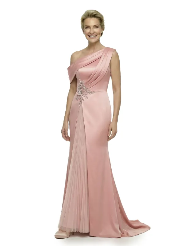 Unique One Shoulder Sleeveless Mother of The Groom Dress Classy Ruched Satin Maxi Gown with Sparkly Embellishments sold by ChicSew