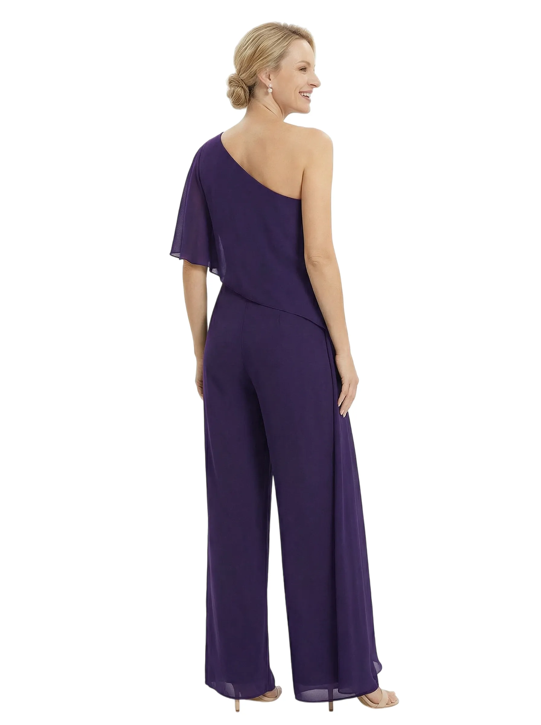 Elegant One Shoulder Chiffon Mother Of The Bride Pantsuit Formal Wedding Attire sold by ChicSew product image thumbnail 3