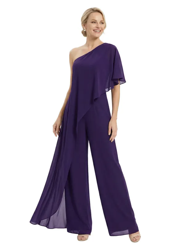 Elegant One Shoulder Chiffon Mother Of The Bride Pantsuit Formal Wedding Attire sold by ChicSew