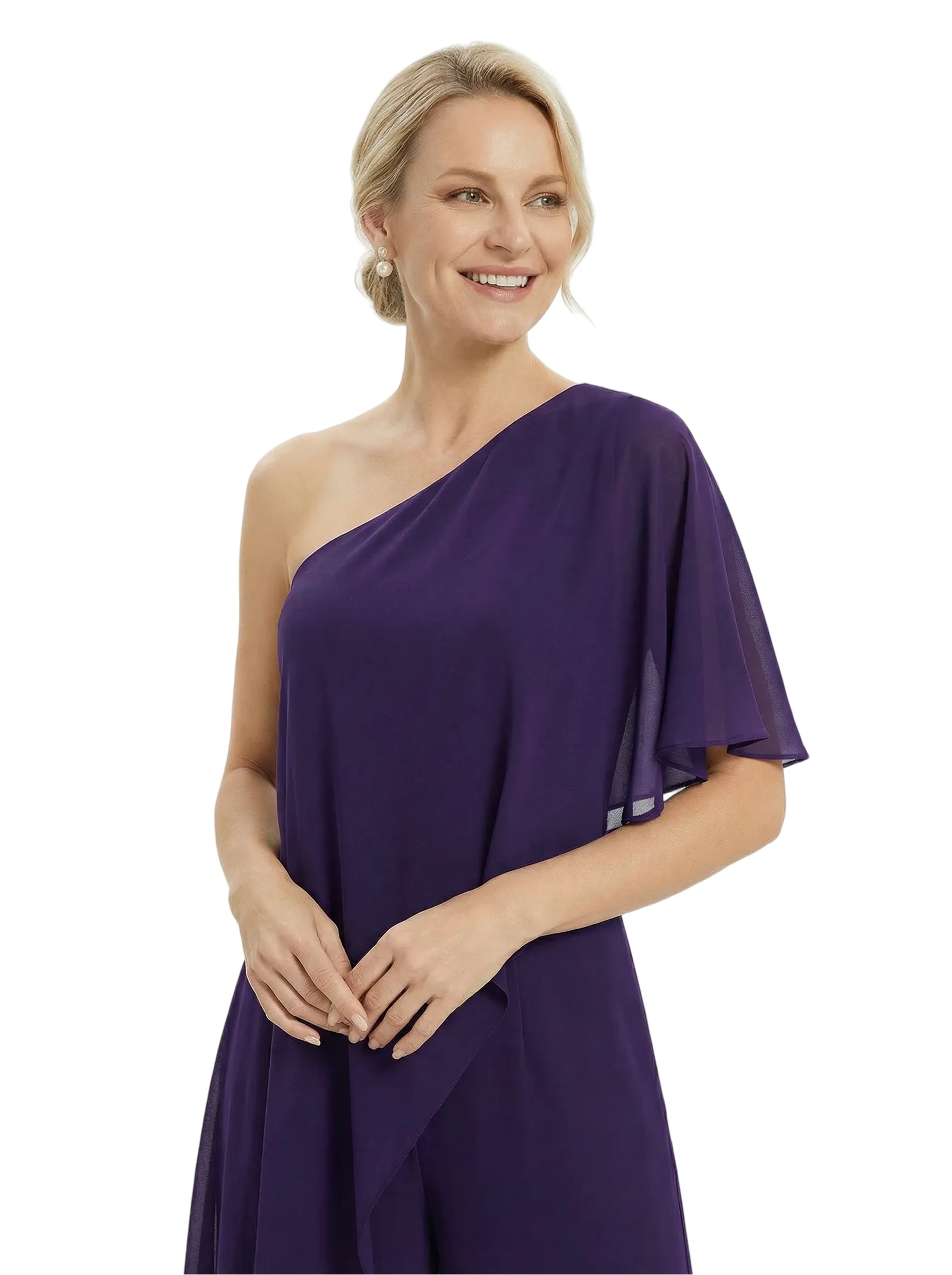 Elegant One Shoulder Chiffon Mother Of The Bride Pantsuit Formal Wedding Attire sold by ChicSew product image thumbnail 2
