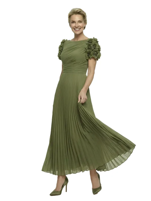 Charming Rose-Accent Short Sleeve Mother of The Groom Dress Classy Pleated Chiffon Maxi Gown with Ruched Bodice sold by ChicSew