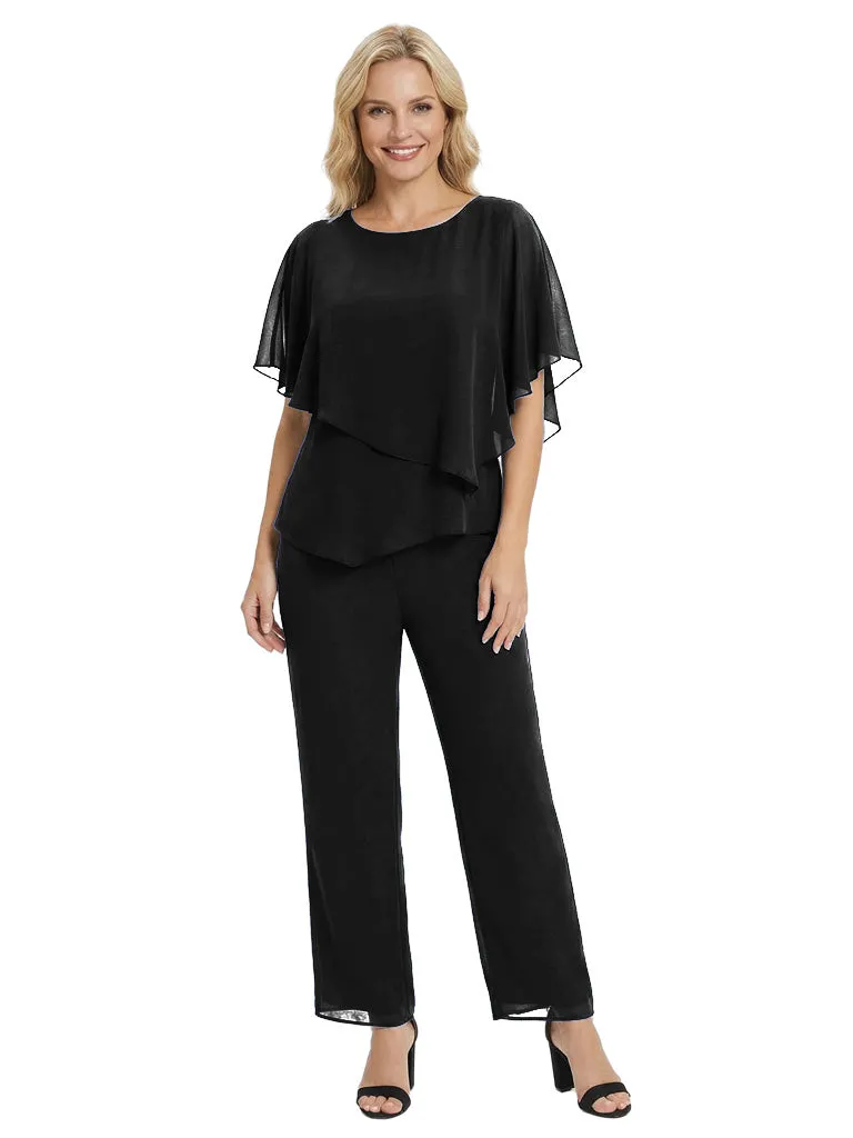 Simple Round Neck Chiffon Mother Of The Bride Pantsuit Half Sleeves Formal Wedding Attire sold by ChicSew product image thumbnail 4