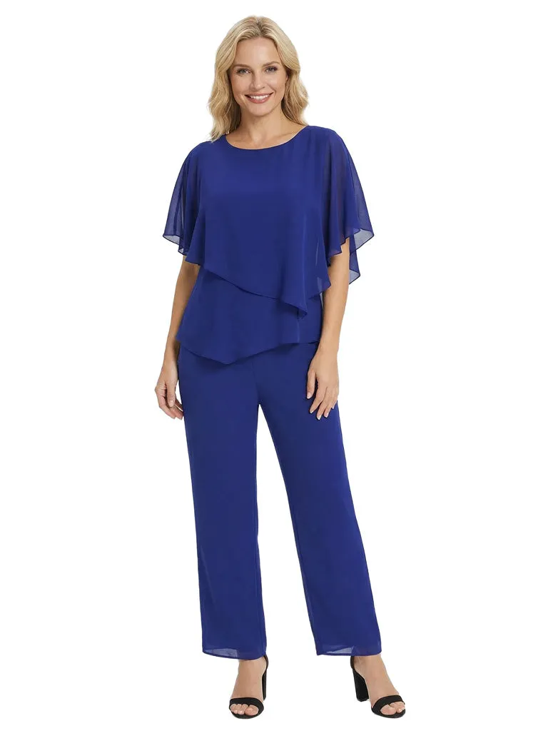Simple Round Neck Chiffon Mother Of The Bride Pantsuit Half Sleeves Formal Wedding Attire sold by ChicSew