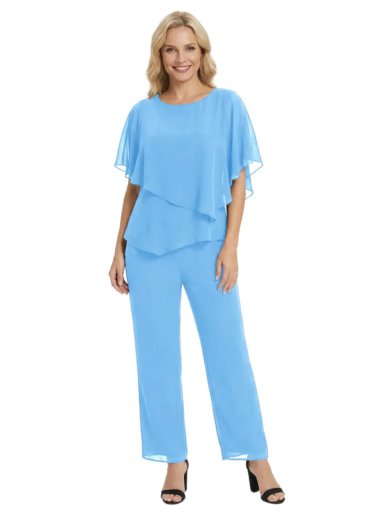 Simple Round Neck Chiffon Mother Of The Bride Pantsuit Half Sleeves Formal Wedding Attire sold by ChicSew product image thumbnail 5