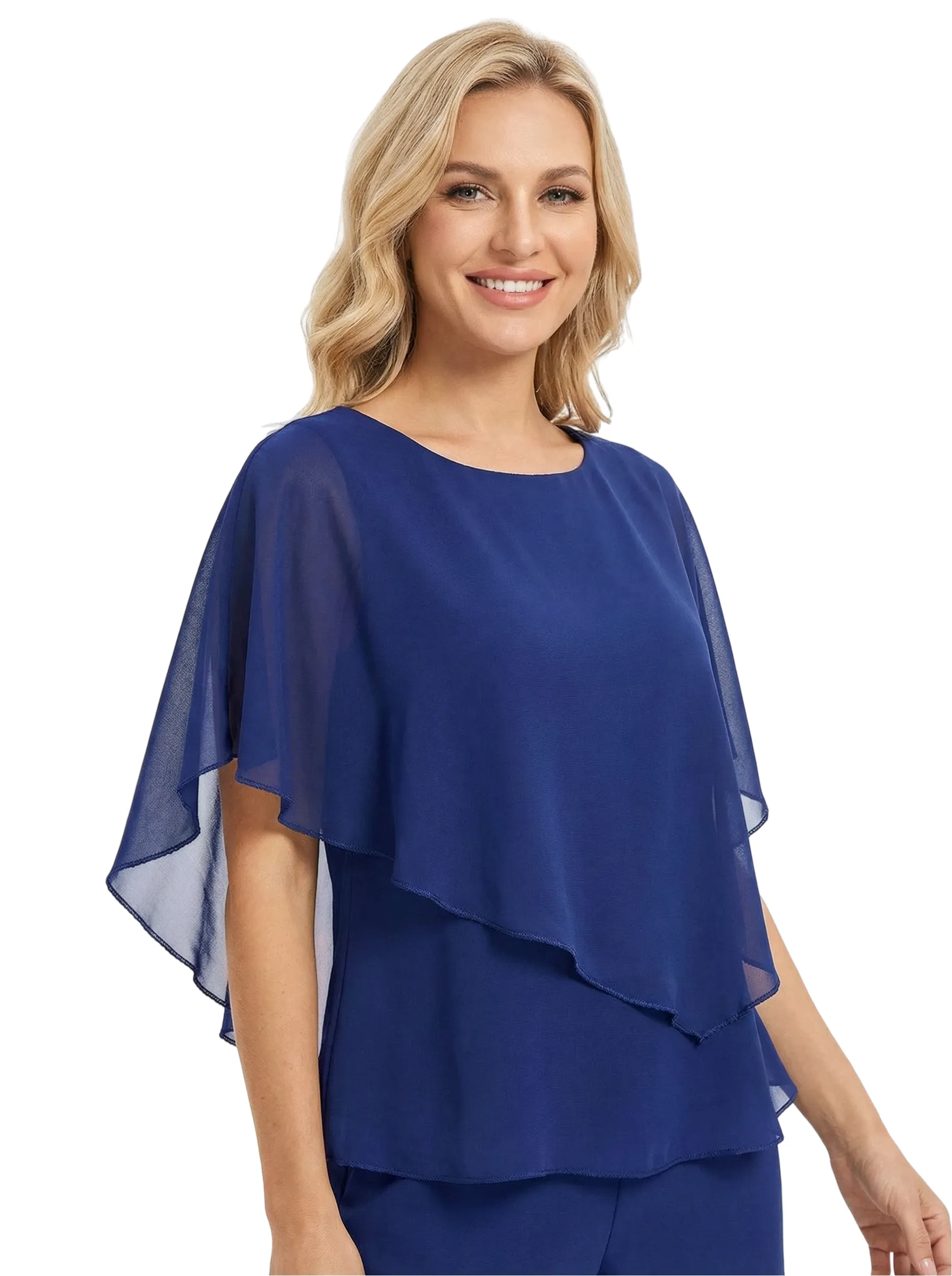 Simple Round Neck Chiffon Mother Of The Bride Pantsuit Half Sleeves Formal Wedding Attire sold by ChicSew product image thumbnail 2