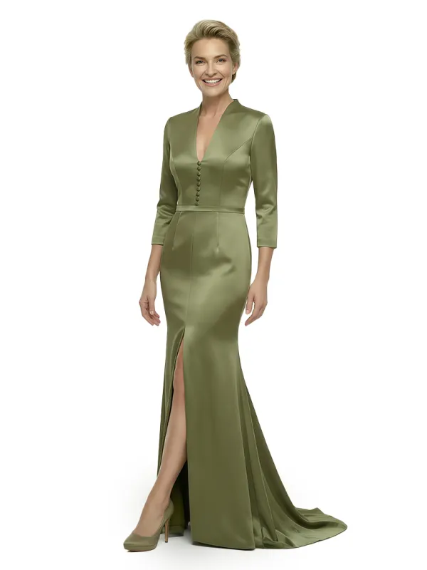Elegant V-neck 3/4 Sleeves Floor-Length Mother Of The Bride Dress With Button sold by ChicSew