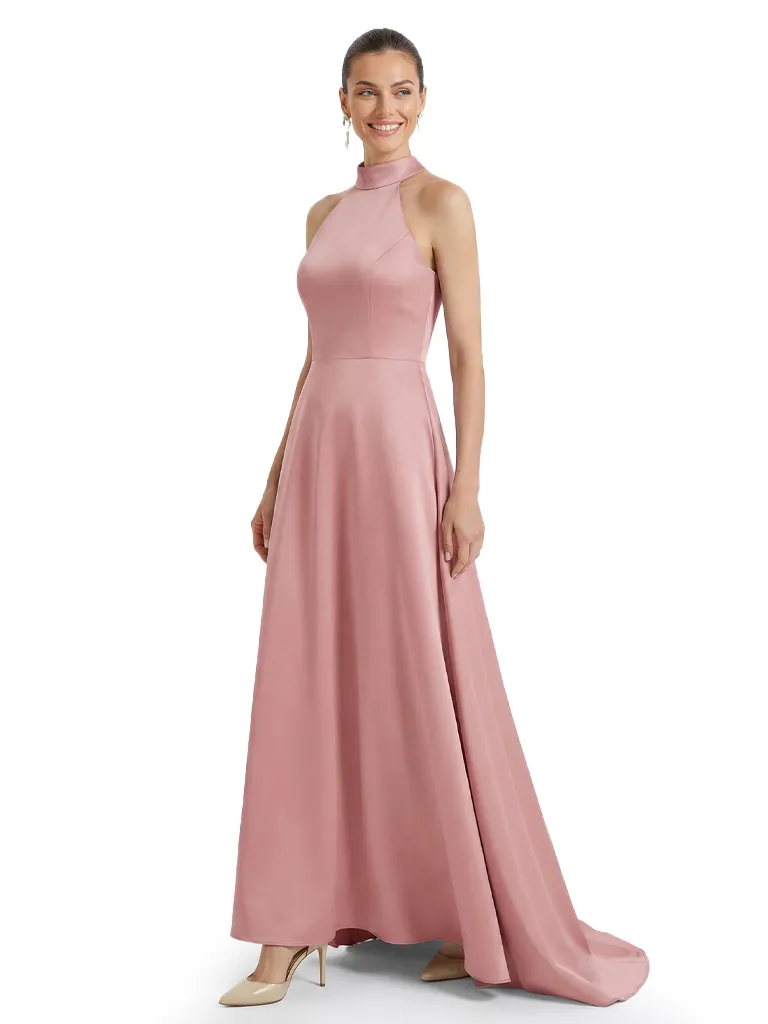 Sleek Halter Neck Sleeveless Mother of The Bride Dress Modern Satin Maxi Gown with Timeless Fitted-to-Flared Shape sold by ChicSew