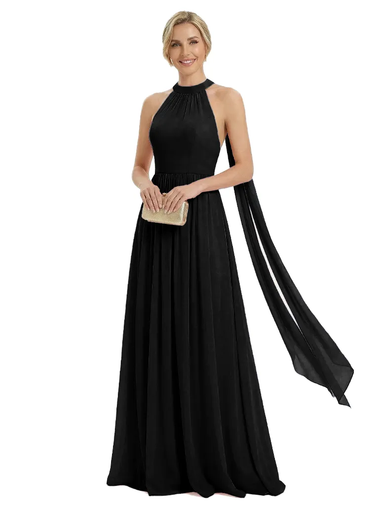 Elegant Mother of The Bride Dress Unique Halter Chiffon Pleated Long A-Line Formal Gown sold by ChicSew product image thumbnail 4