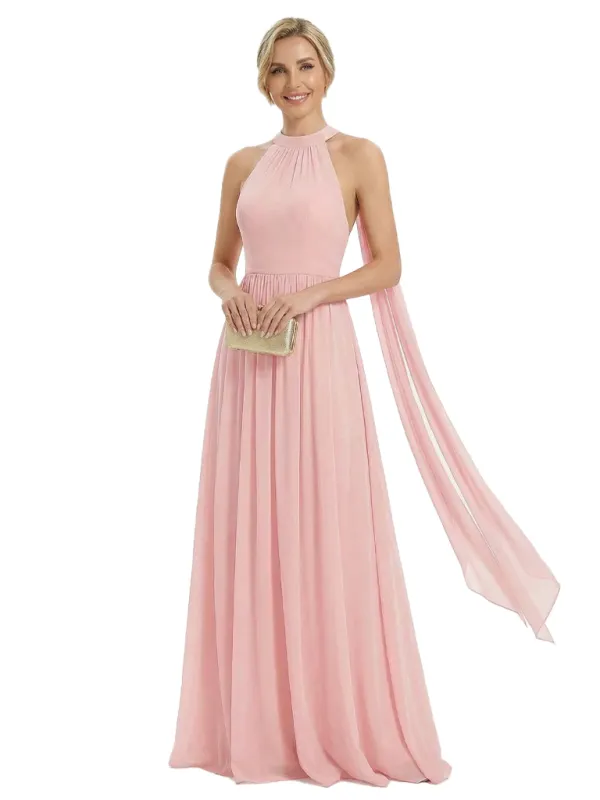 Elegant Mother of The Bride Dress Unique Halter Chiffon Pleated Long A-Line Formal Gown sold by ChicSew