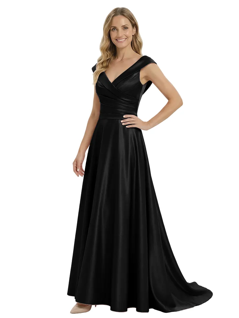 Gorgeous Mother of The Groom Dress Modern V-Neck Satin Wrap A-Line Long Train Formal Evening Gown sold by ChicSew product image thumbnail 4