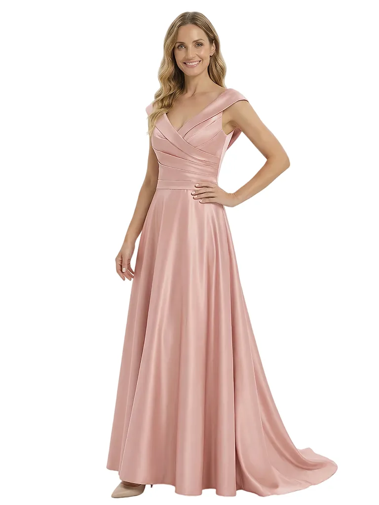 Gorgeous Mother of The Groom Dress Modern V-Neck Satin Wrap A-Line Long Train Formal Evening Gown sold by ChicSew