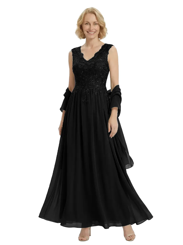 Elegant V-Neck Lace Applique Sleeveless A-Line Floor-Length Chiffon Mother Of The Bride Dress sold by ChicSew product image thumbnail 4