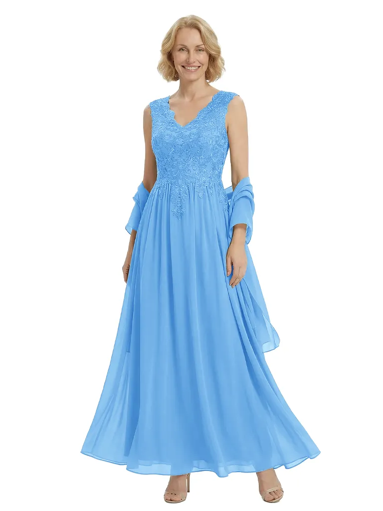 Elegant V-Neck Lace Applique Sleeveless A-Line Floor-Length Chiffon Mother Of The Bride Dress sold by ChicSew product image thumbnail 5