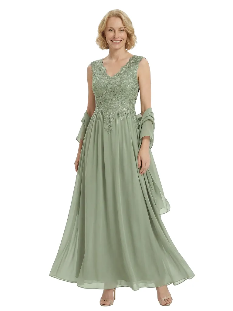 Elegant V-Neck Lace Applique Sleeveless A-Line Floor-Length Chiffon Mother Of The Bride Dress sold by ChicSew