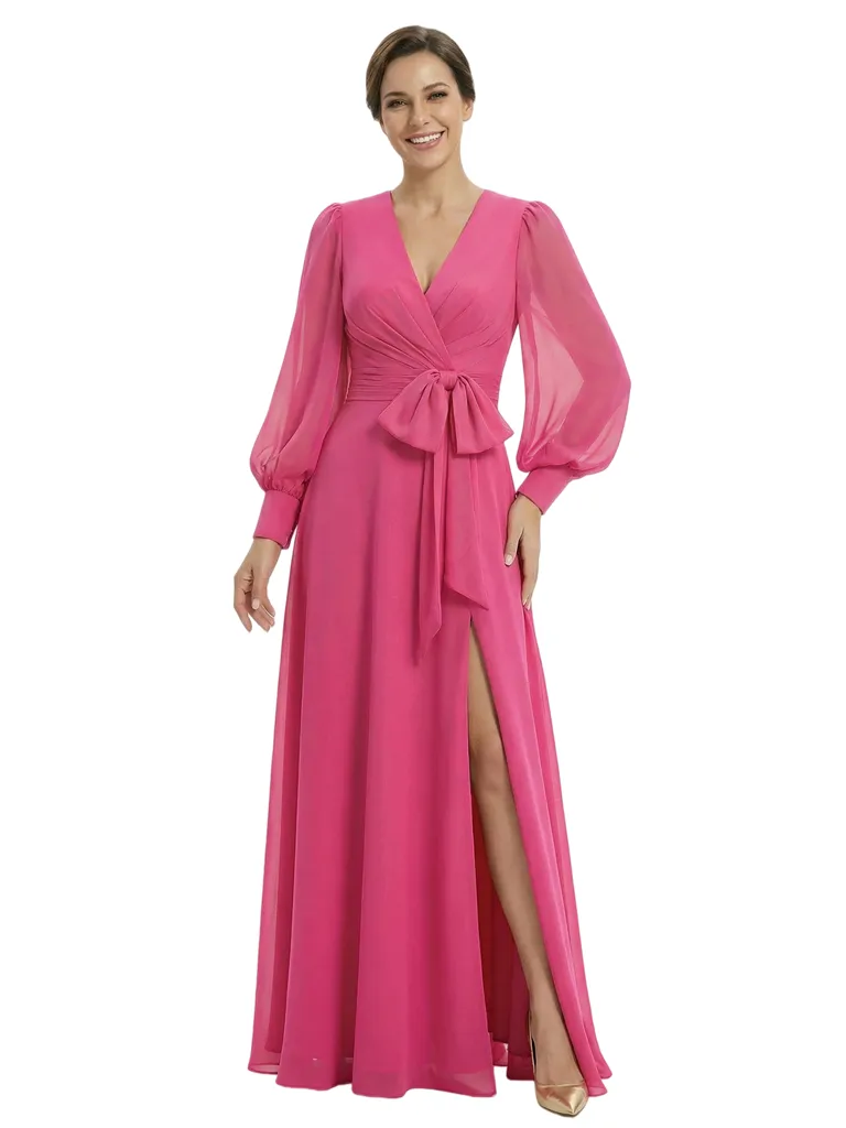 Classy V-Neck Long Sleeves A-Line Floor-Length Chiffon Mother Of The Bride Dress sold by ChicSew