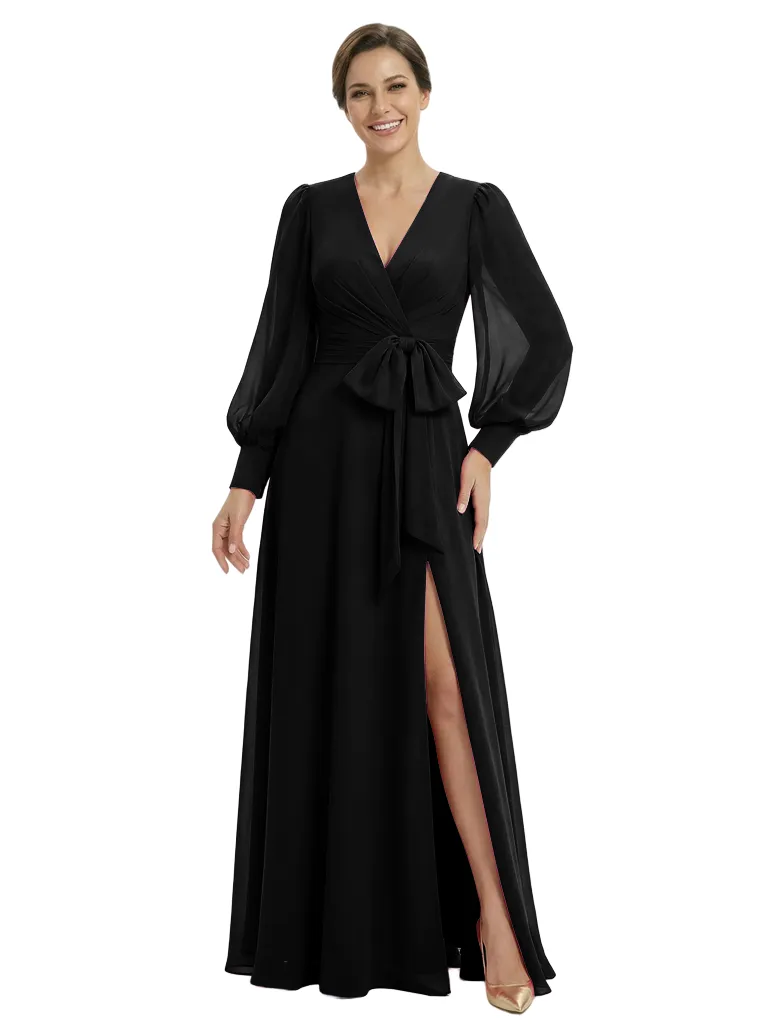 Classy V-Neck Long Sleeves A-Line Floor-Length Chiffon Mother Of The Bride Dress sold by ChicSew product image thumbnail 4