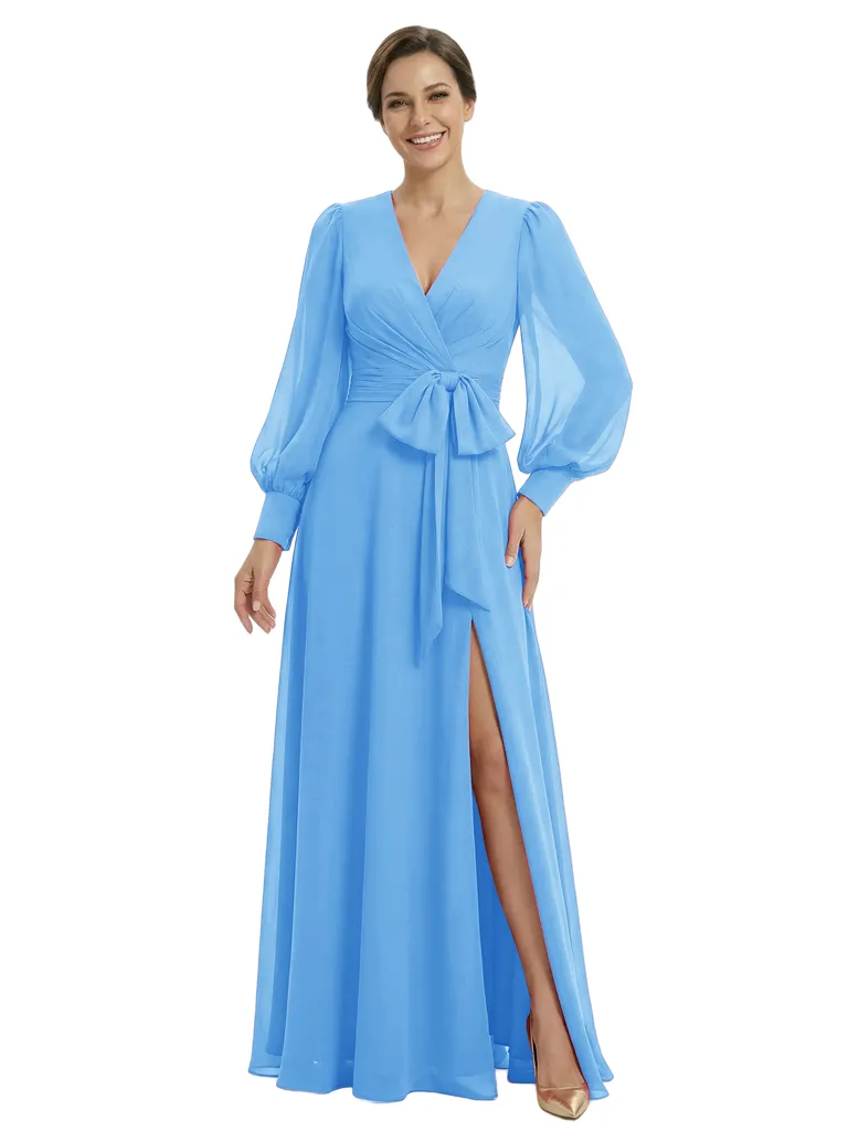 Classy V-Neck Long Sleeves A-Line Floor-Length Chiffon Mother Of The Bride Dress sold by ChicSew product image thumbnail 5