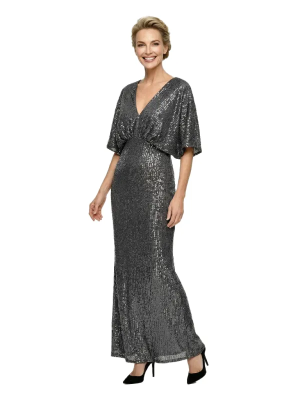 Glamorous V-Neck Sheath Glitter Jersey Mother Of The Bride Gown With Flutter Sleeves made by ChicSew