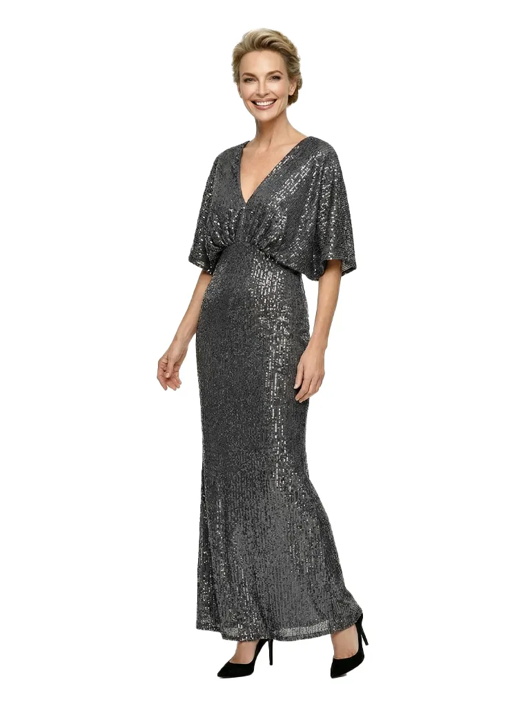 Glamorous V-Neck Sheath Glitter Jersey Mother Of The Bride Gown With Flutter Sleeves sold by ChicSew