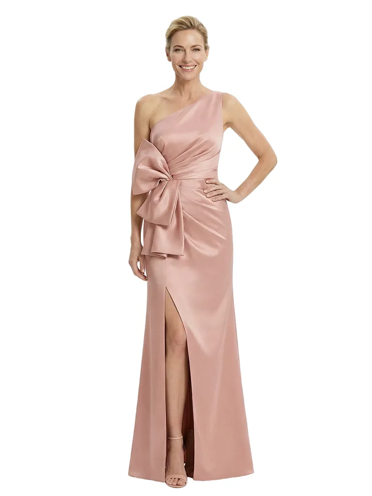 Stylish Mother of The Bride Dress Fancy One-Shoulder Bow Satin Slit Long Fitted Mermaid Evening Gown sold by ChicSew