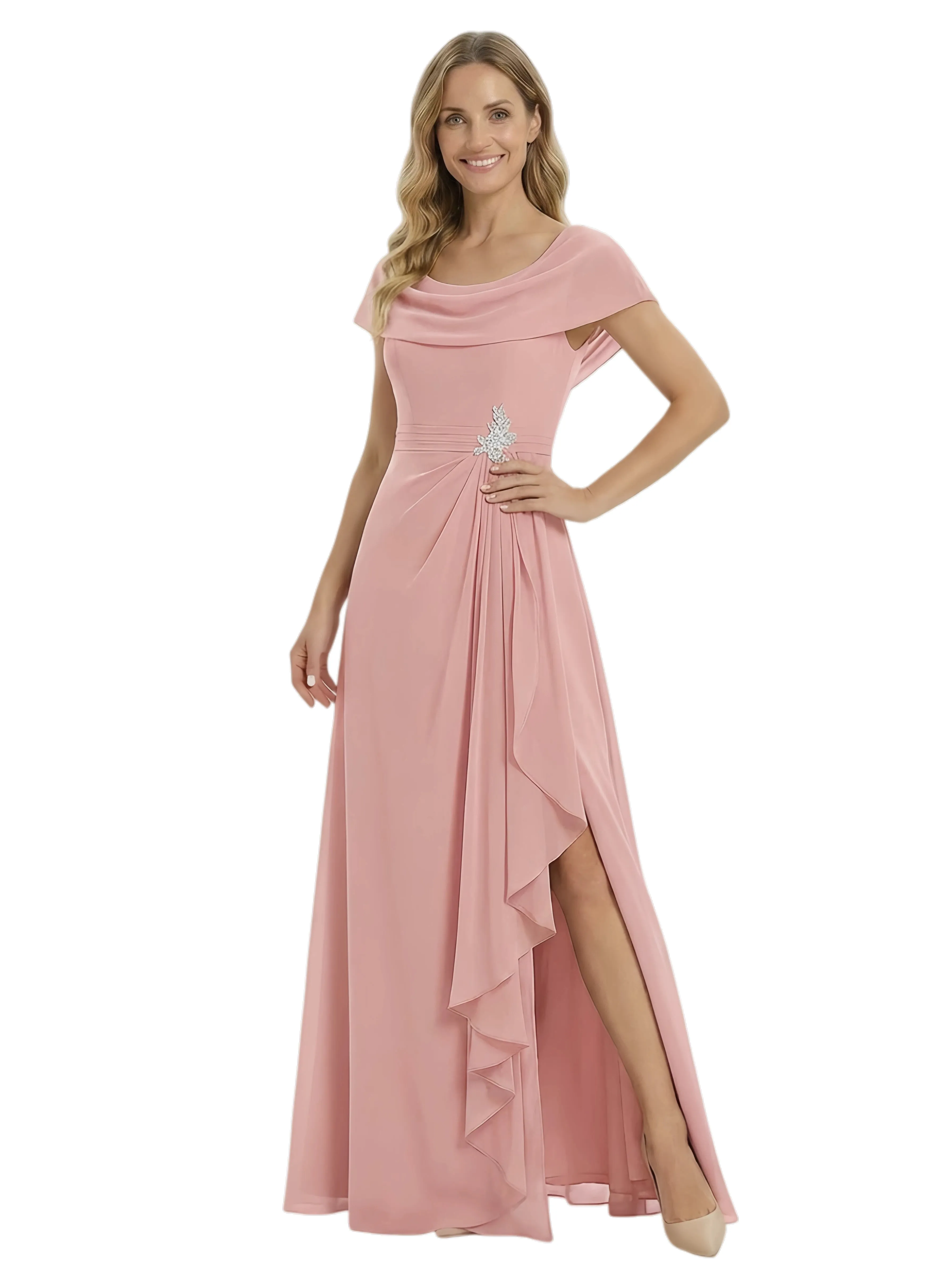 Unique Off Shoulder Ruffles Side Slit Floor-Length Chiffon Mother Of The Bride Dress sold by ChicSew