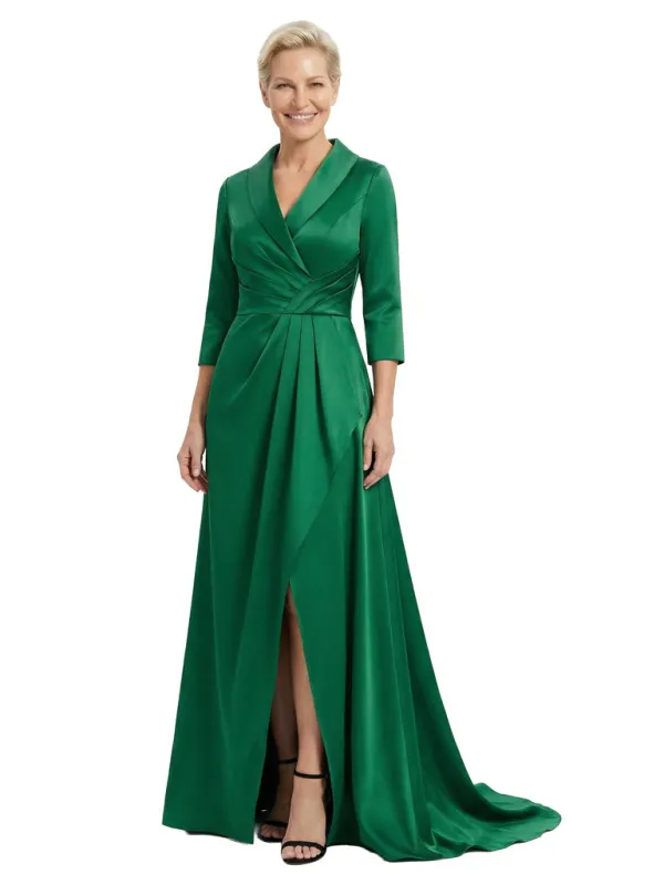V-Neck Satin Mother Of The Bride Dress 3/4 Sleeves A-Line Maxi Gown With Side Slit Train Formal Wedding Attire sold by ChicSew