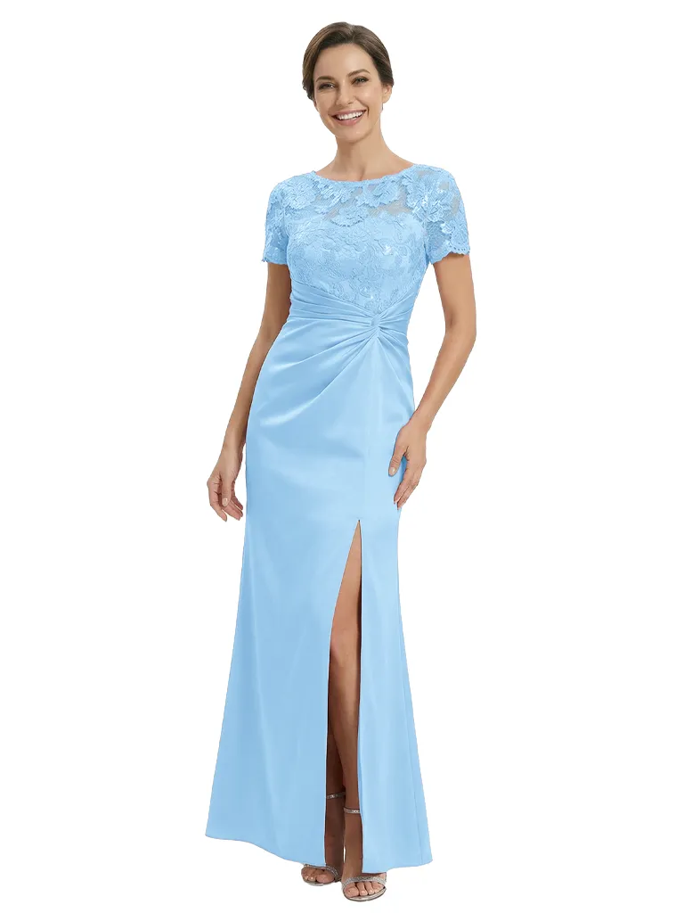 Classy Mother of The Groom Dress Pretty Lace Short Sleeve Satin Ruched Slit Long Mermaid Formal Gown sold by ChicSew product image thumbnail 5