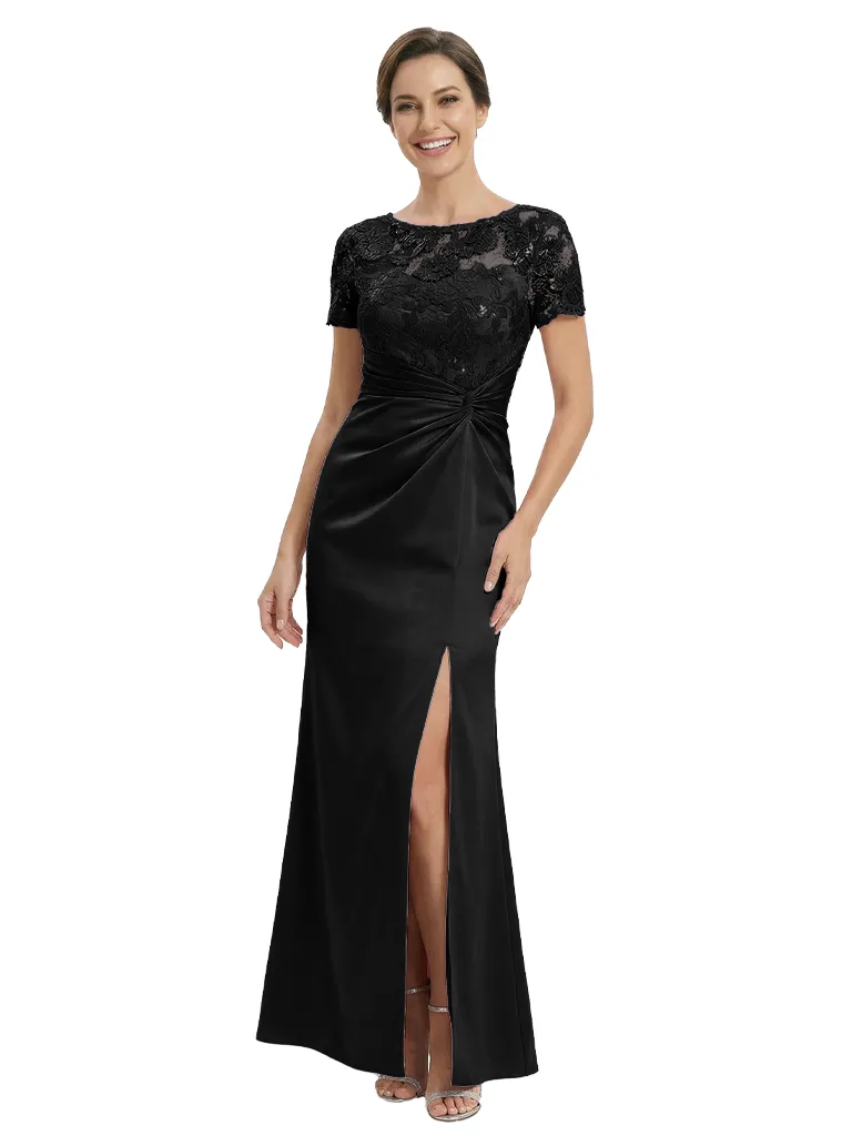 Classy Mother of The Groom Dress Pretty Lace Short Sleeve Satin Ruched Slit Long Mermaid Formal Gown sold by ChicSew product image thumbnail 4