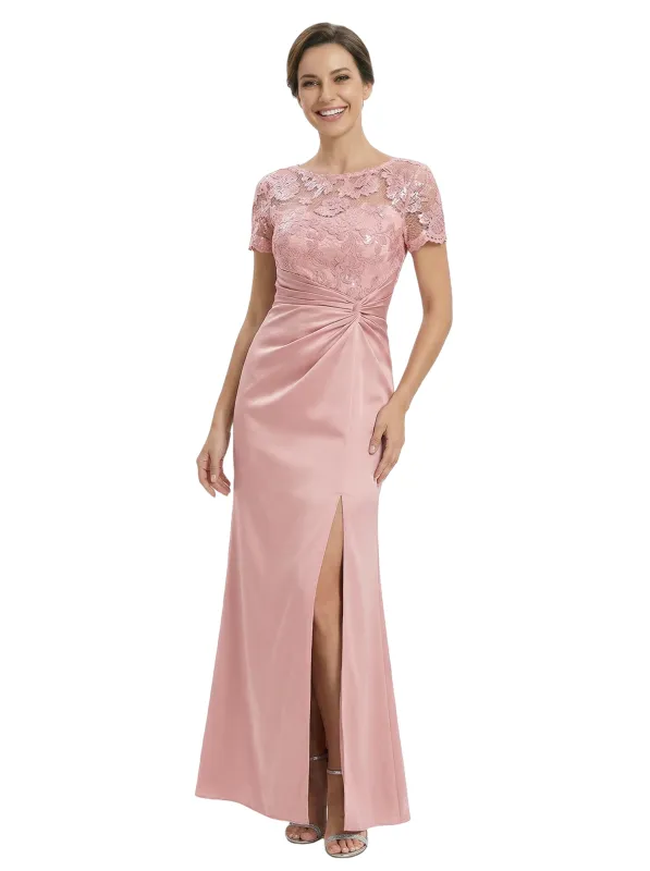 Classy Mother of The Groom Dress Pretty Lace Short Sleeve Satin Ruched Slit Long Mermaid Formal Gown sold by ChicSew