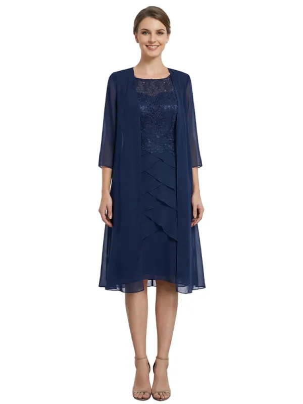 Classy 3/4 Sleeves Tea-Length Chiffon Mother Of The Bride Dress With Jacket sold by ChicSew