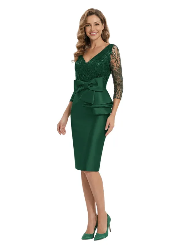 Mother Of The Groom Dresses V-Neck 3/4 Sleeves Satin Sheath Midi Formal Bride Mother Dresses sold by ChicSew