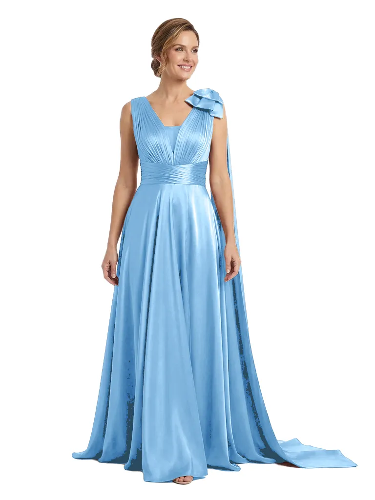 Beautiful V-Neck Ruched Bow Knot Silky Satin A-Line Mother Of The Groom Gown sold by ChicSew product image thumbnail 4