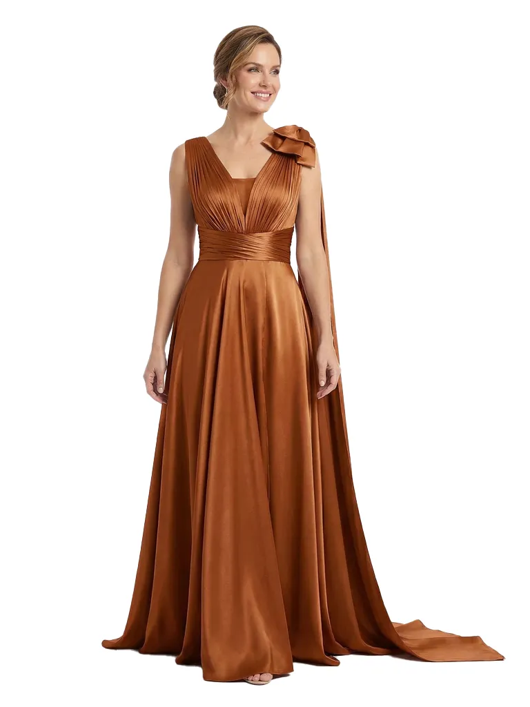 Beautiful V-Neck Ruched Bow Knot Silky Satin A-Line Mother Of The Groom Gown sold by ChicSew