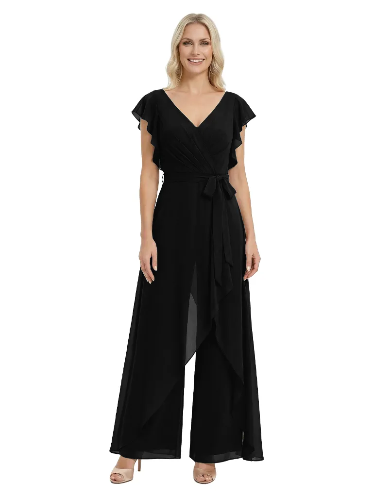 Modern Mother Of The Bride Pantsuit V-Neck Flutter Sleeves Chiffon Overlay Jumpsuit sold by ChicSew product image thumbnail 4