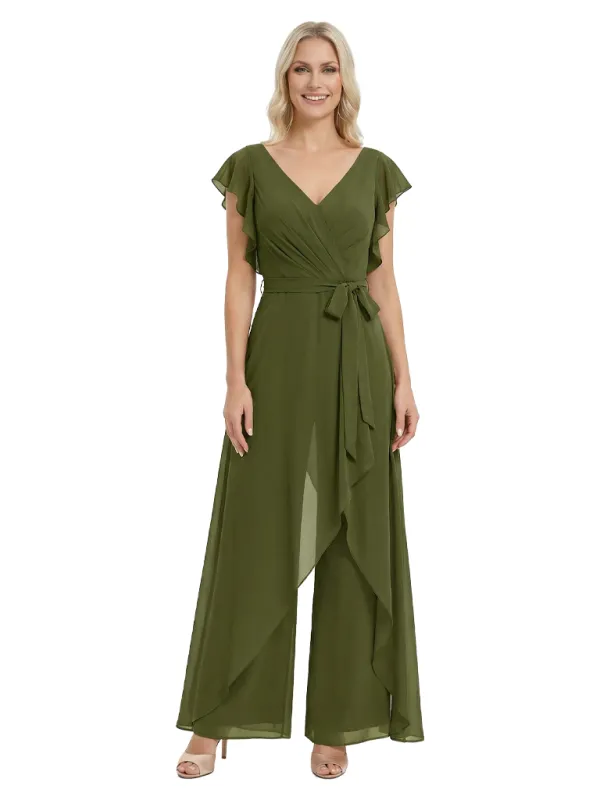 Modern Mother Of The Bride Pantsuit V-Neck Flutter Sleeves Chiffon Overlay Jumpsuit sold by ChicSew