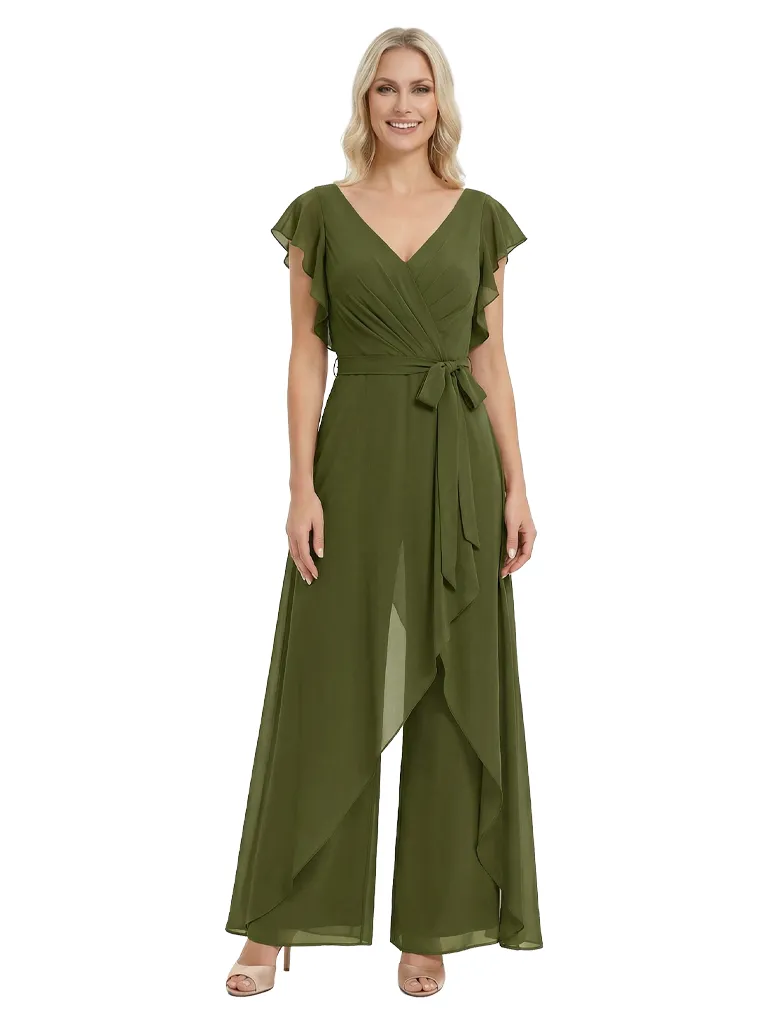 Modern Mother Of The Bride Pantsuit V-Neck Flutter Sleeves Chiffon Overlay Jumpsuit sold by ChicSew