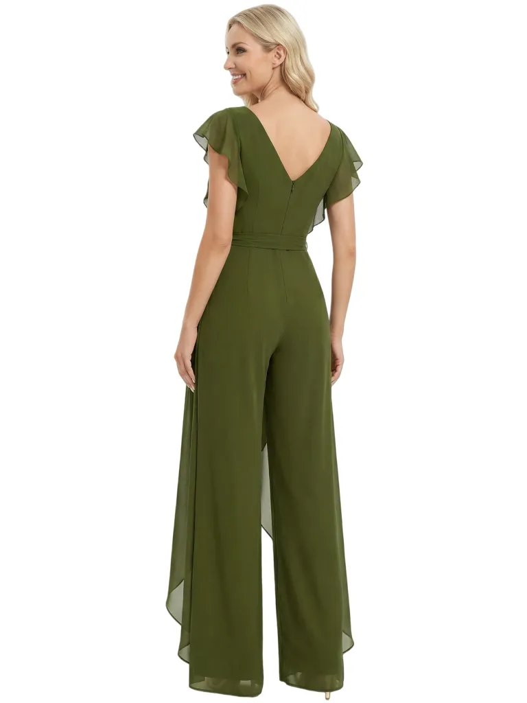 Modern Mother Of The Bride Pantsuit V-Neck Flutter Sleeves Chiffon Overlay Jumpsuit sold by ChicSew product image thumbnail 3