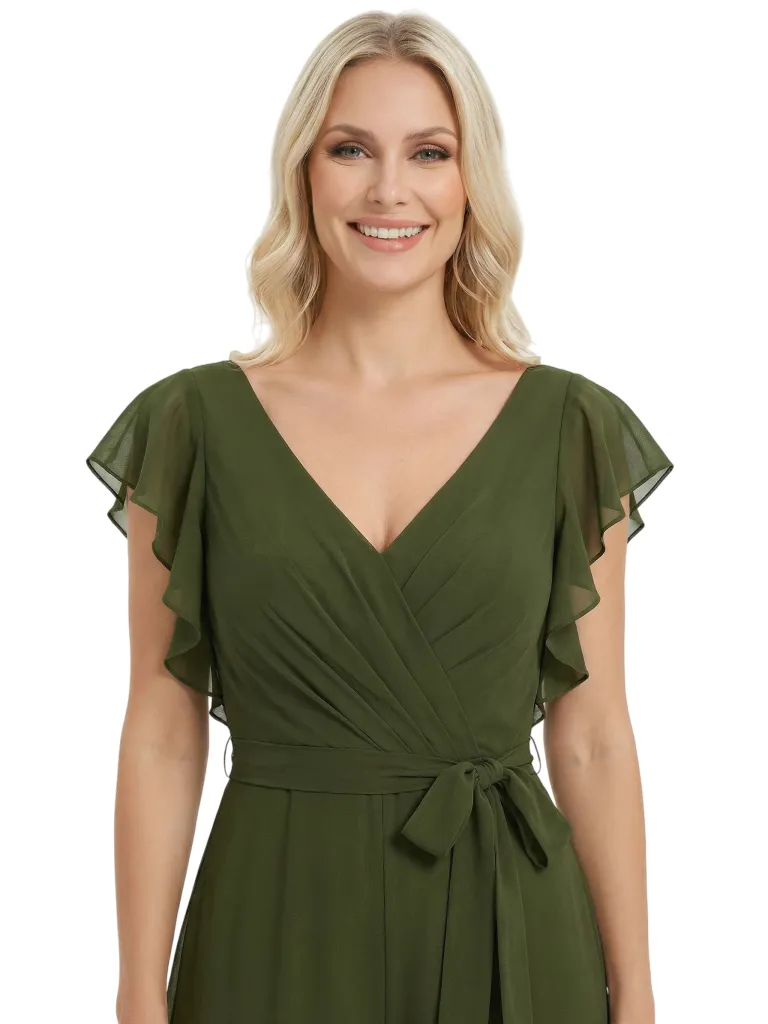 Modern Mother Of The Bride Pantsuit V-Neck Flutter Sleeves Chiffon Overlay Jumpsuit sold by ChicSew product image thumbnail 2