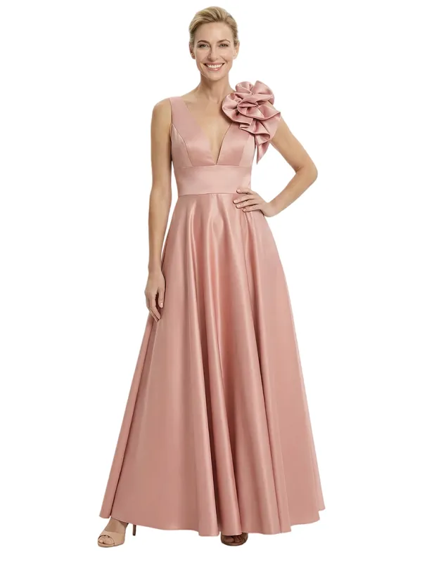 Elegant V-Neck Satin A-Line Mother Of The Bride Dress With Floral Detail sold by ChicSew