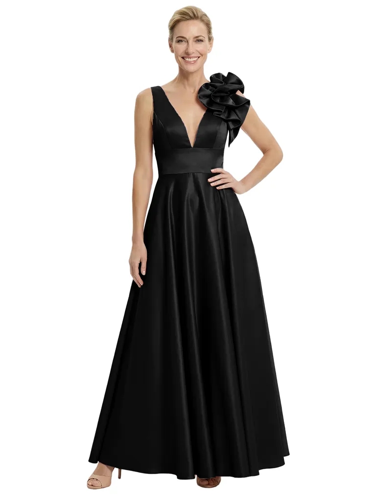 Elegant V-Neck Satin A-Line Mother Of The Bride Dress With Floral Detail sold by ChicSew product image thumbnail 4