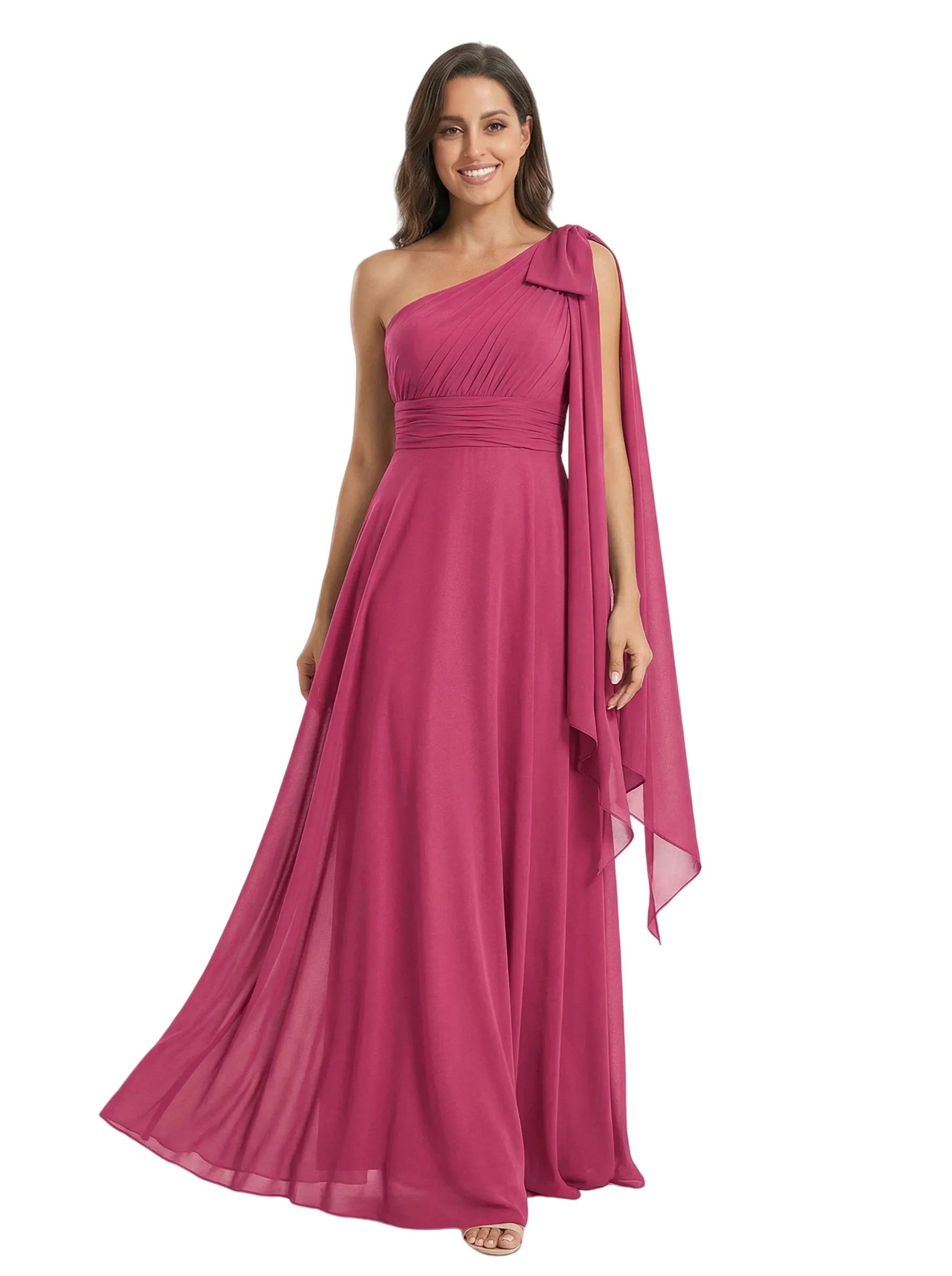 Elegant Mother of The Bride Dress Unique One-Shoulder Bow Chiffon Pleated Long A-Line Formal Gown sold by ChicSew