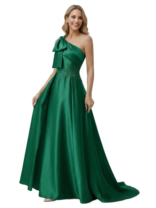 Sexy Mother Of The Bride Dress One Shoulder Applique Satin Fitted Long Draped Formal Gown sold by ChicSew